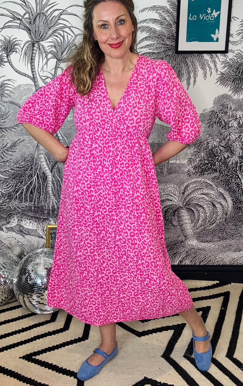 Tangier small pink animal print dress in cheesecloth