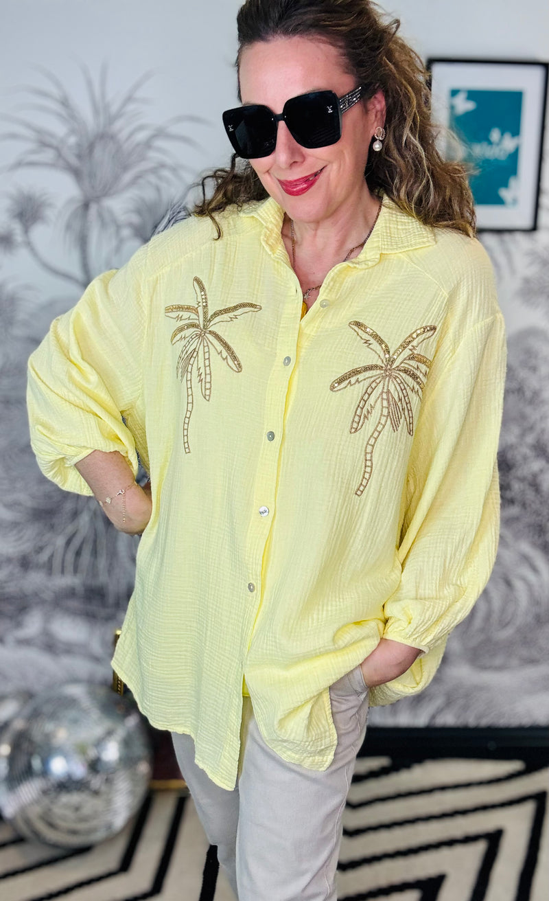 Palma Pale Yellow Oversized Embroidered Palm Tree Cheesecloth Blouse