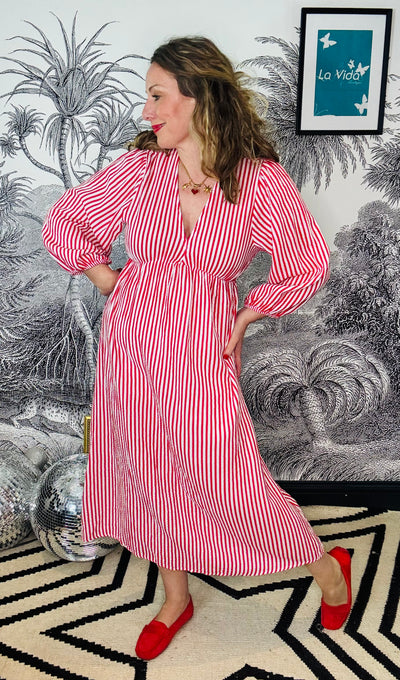 Camber red & white pinstripe dress in cheesecloth