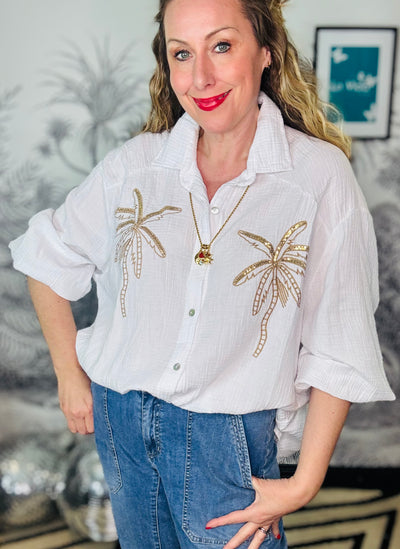 Palma white oversized palm tree embroidered cheesecloth blouse