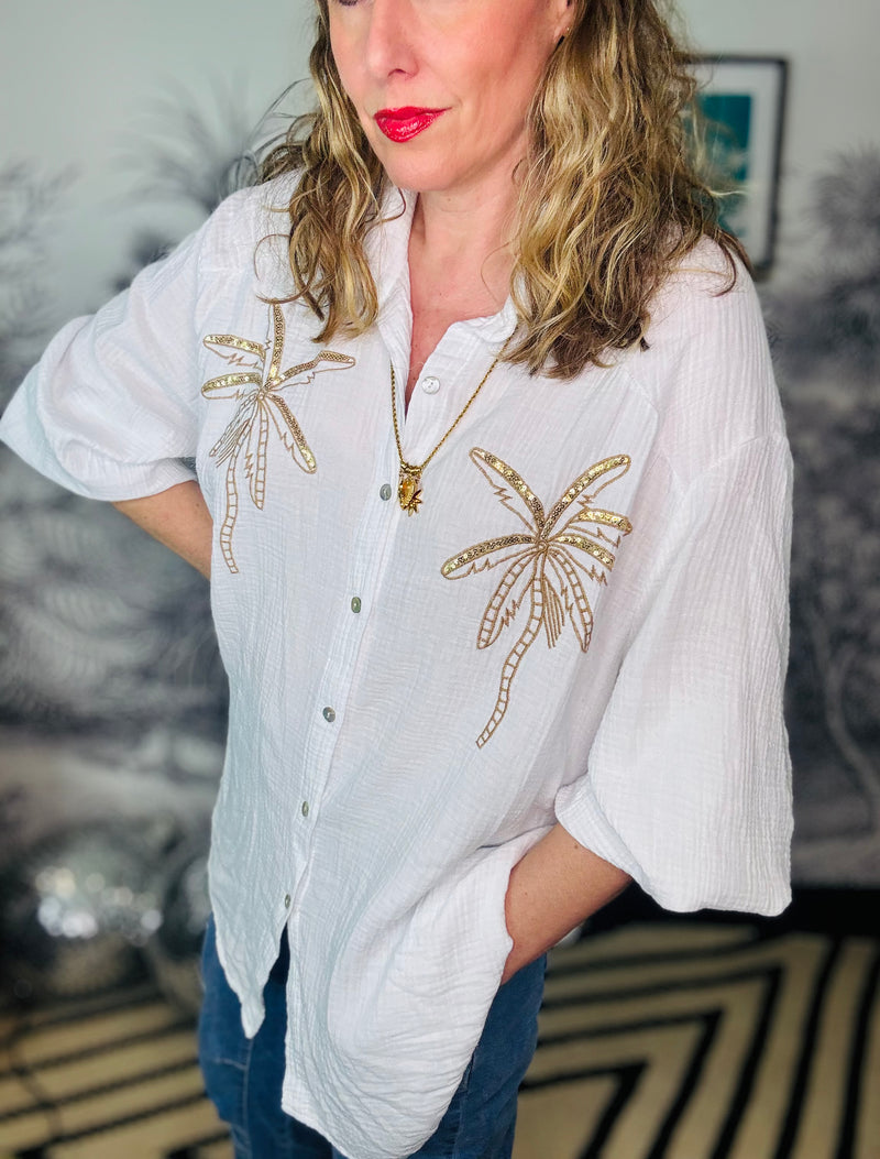 Palma White Oversized Embroidered Palm Tree Cheesecloth Blouse