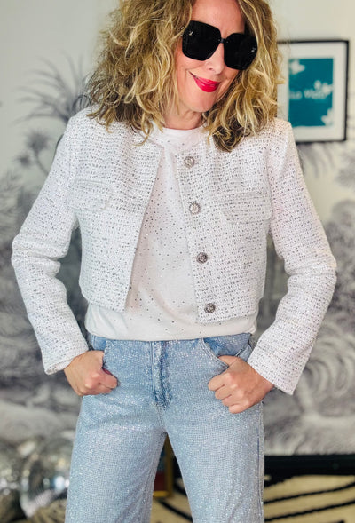 Harlow Collarless Cropped Sequin Tweed Jacket