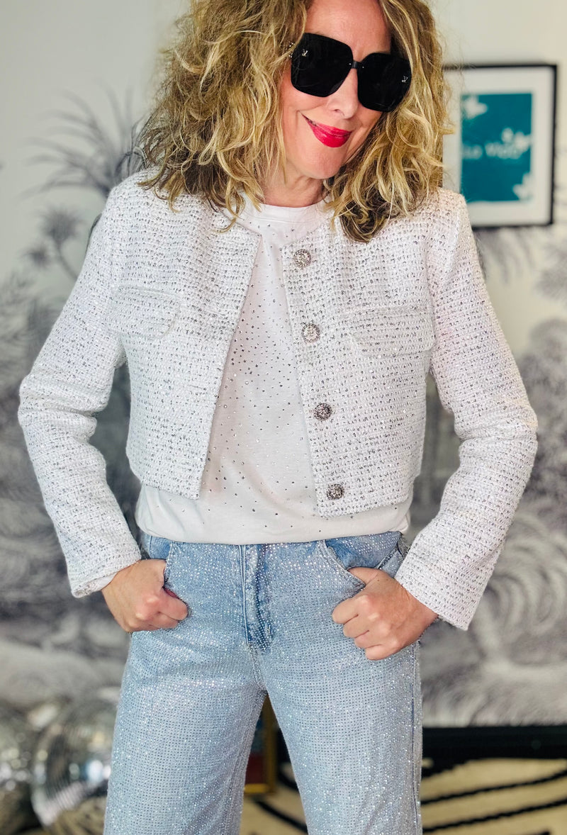 Harlow Collarless Cropped Sequin Tweed Jacket