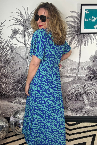 Addie Blue Animal Short Sleeve Midi Wrap Dress