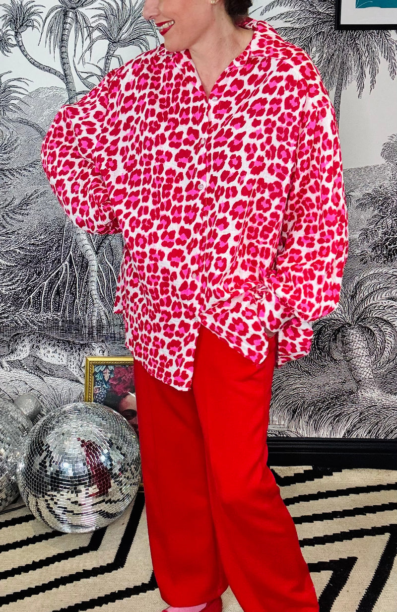 Mozambique oversized pink and red animal print cheesecloth blouse