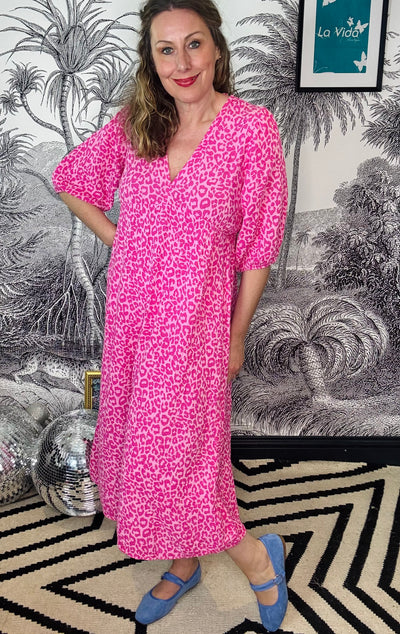 Tangier small pink animal print dress in cheesecloth