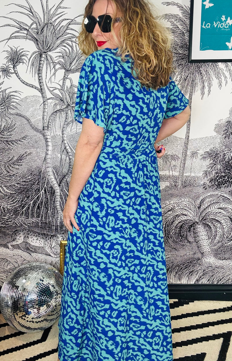 Addie Blue Animal Short Sleeve Midi Wrap Dress