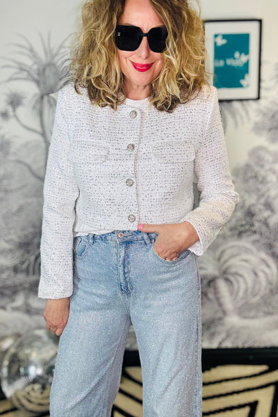 Harlow Collarless Cropped Sequin Tweed Jacket