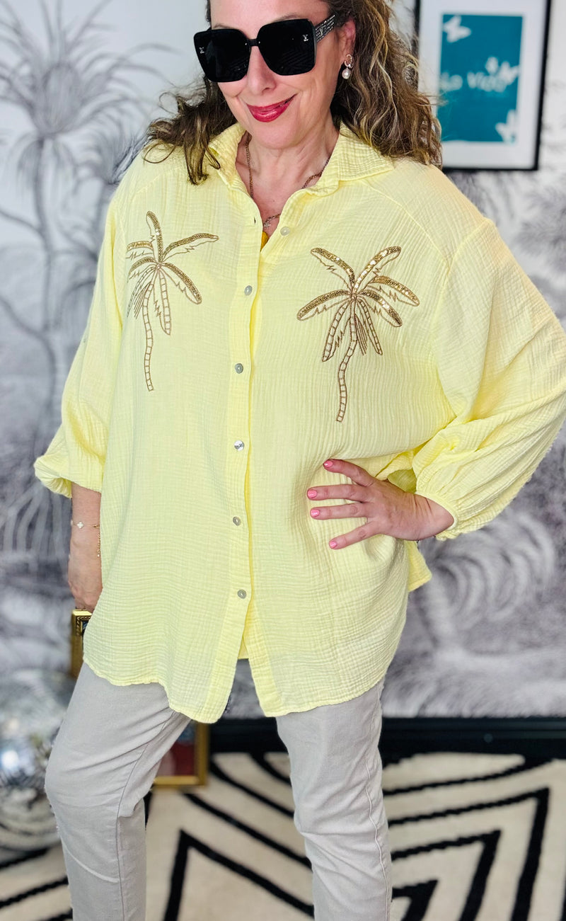 Palma Pale Yellow Oversized Embroidered Palm Tree Cheesecloth Blouse