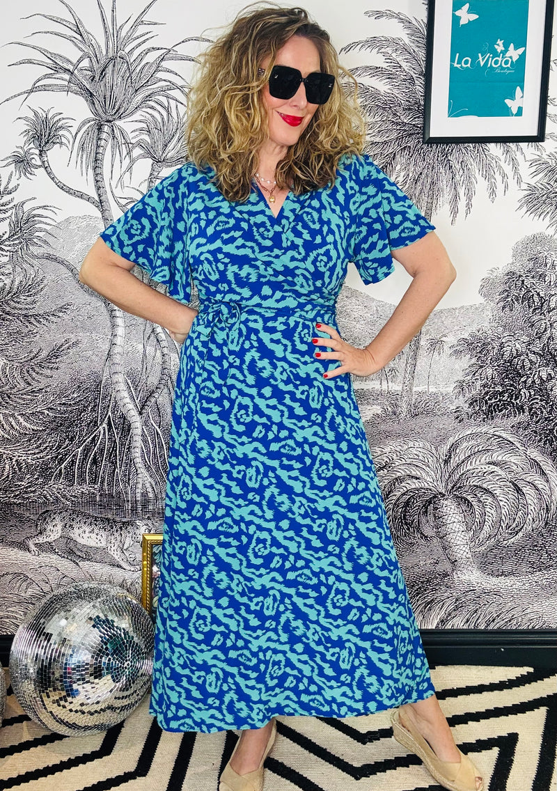 Addie Blue Animal Short Sleeve Midi Wrap Dress