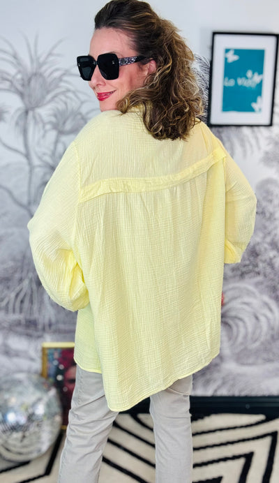 Palma Pale Yellow Oversized Embroidered Palm Tree Cheesecloth Blouse