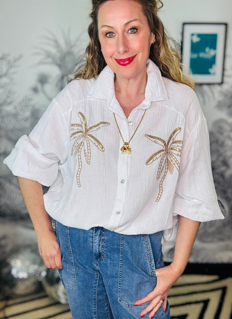 Palma White Oversized Embroidered Palm Tree Cheesecloth Blouse