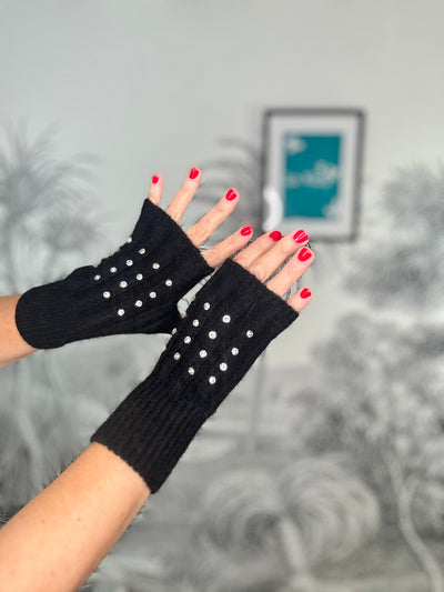 Diamante Ribbed Fingerless Gloves