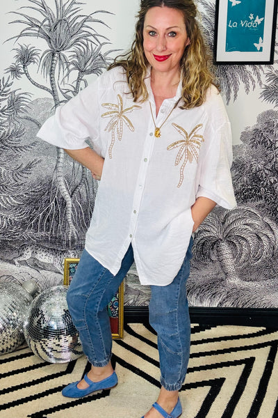 Palma White Oversized Embroidered Palm Tree Cheesecloth Blouse