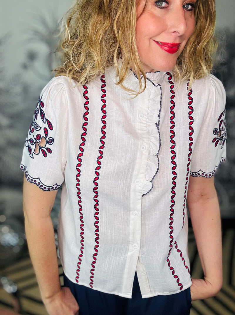 Evelyn Short Sleeve Embroidered Ruffle Collar Shirt