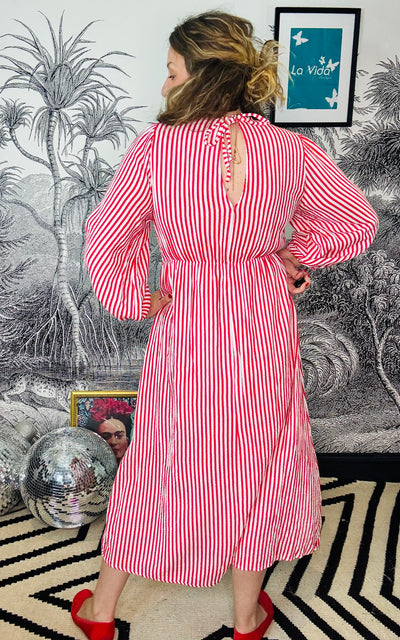 Camber Red & White Pinstripe Dress in Cheesecloth