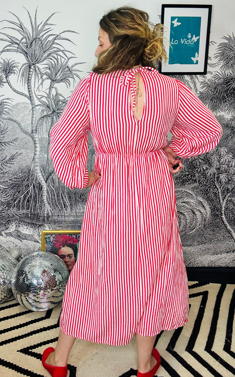 Camber red & white pinstripe dress in cheesecloth