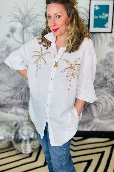 Palma white oversized palm tree embroidered cheesecloth blouse