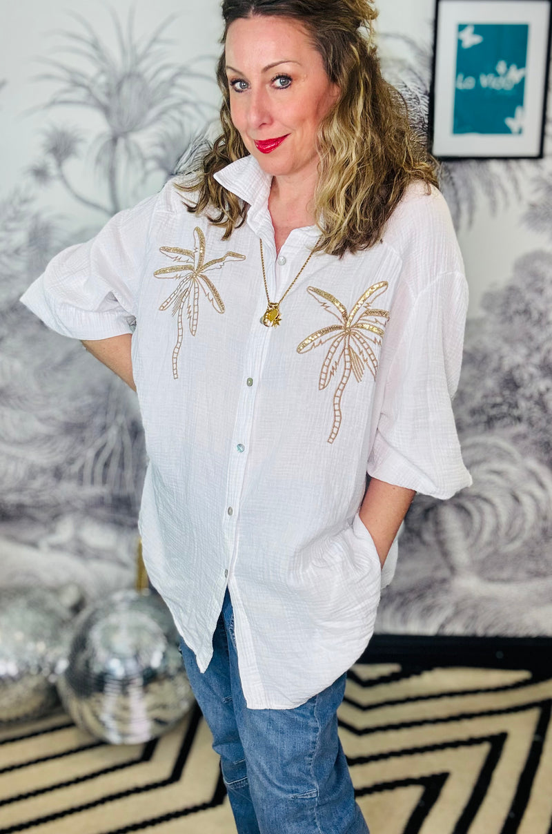 Palma White Oversized Embroidered Palm Tree Cheesecloth Blouse