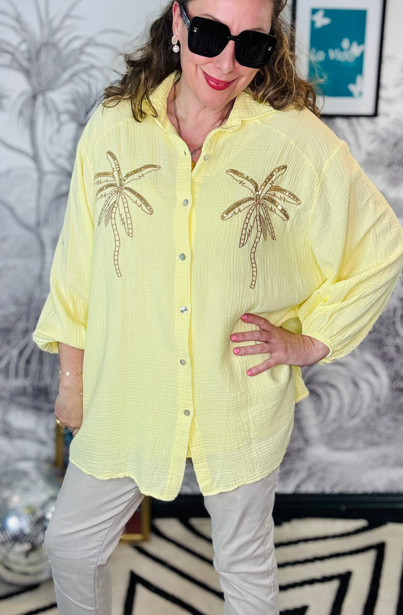 Palma Pale Yellow Oversized Embroidered Palm Tree Cheesecloth Blouse