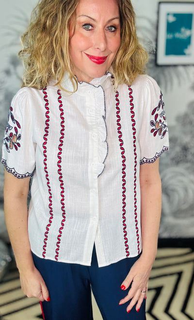 Evelyn Short Sleeve Embroidered Ruffle Collar Shirt