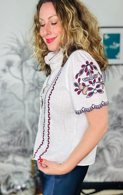 Evelyn Short Sleeve Embroidered Ruffle Collar Shirt