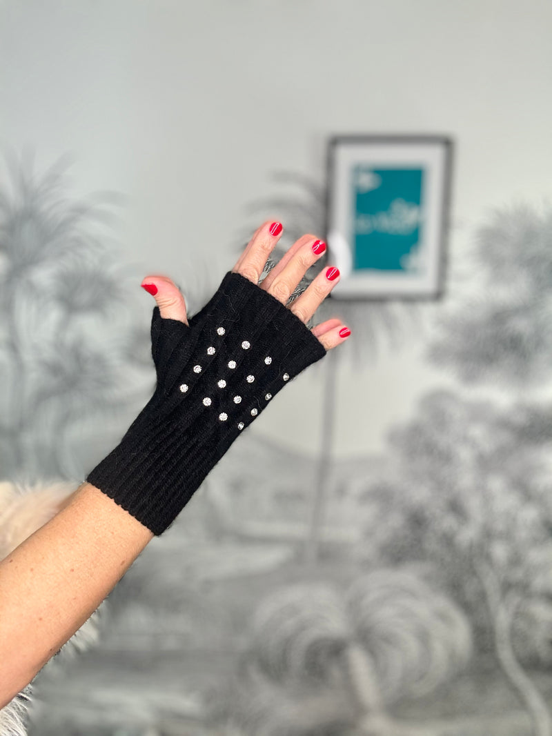 Diamante Ribbed Fingerless Gloves