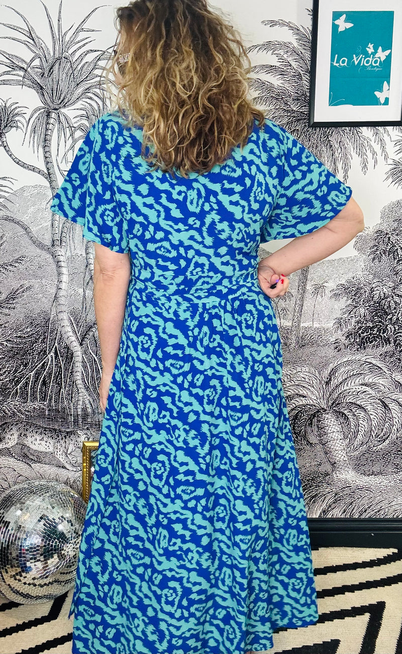 Addie Blue Animal Short Sleeve Midi Wrap Dress