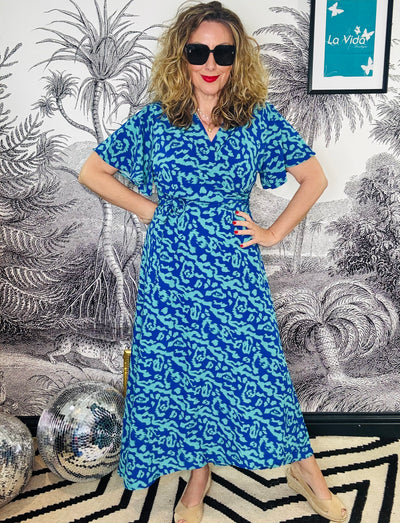 Addie Blue Animal Short Sleeve Midi Wrap Dress