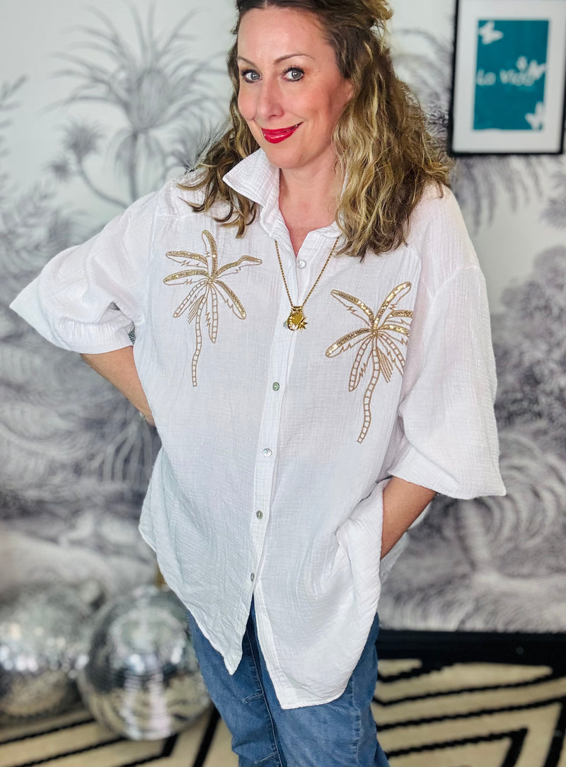 Palma White Oversized Embroidered Palm Tree Cheesecloth Blouse