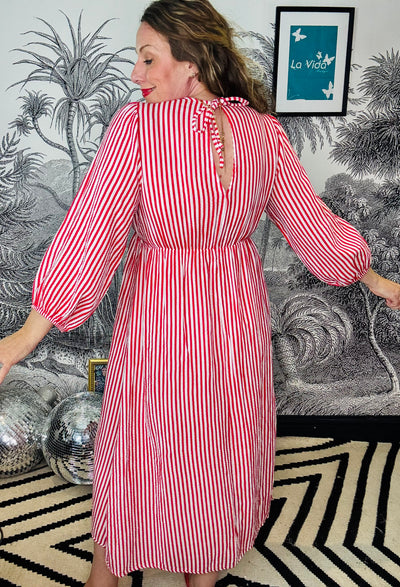 Camber red & white pinstripe dress in cheesecloth