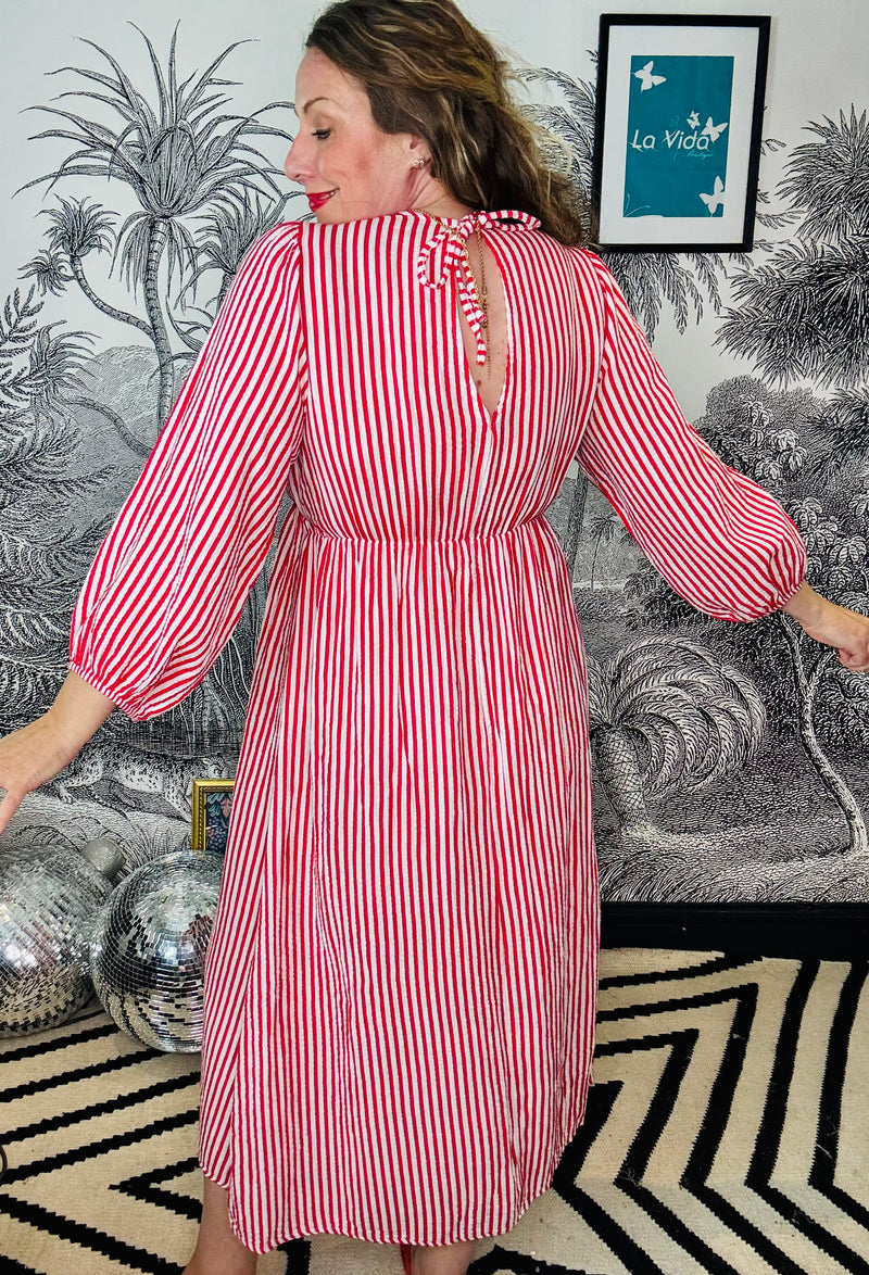 Camber red & white pinstripe dress in cheesecloth