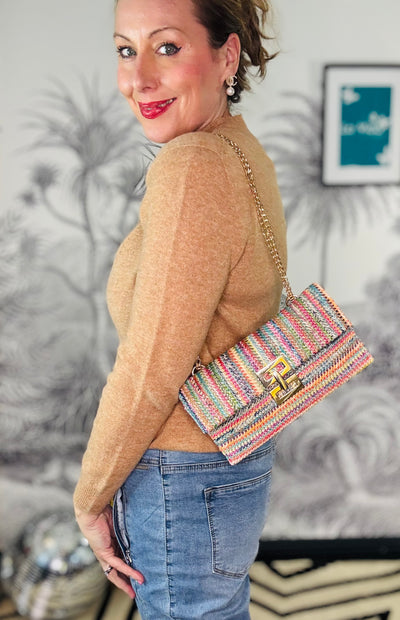 Multi Coloured Woven Straw Bag