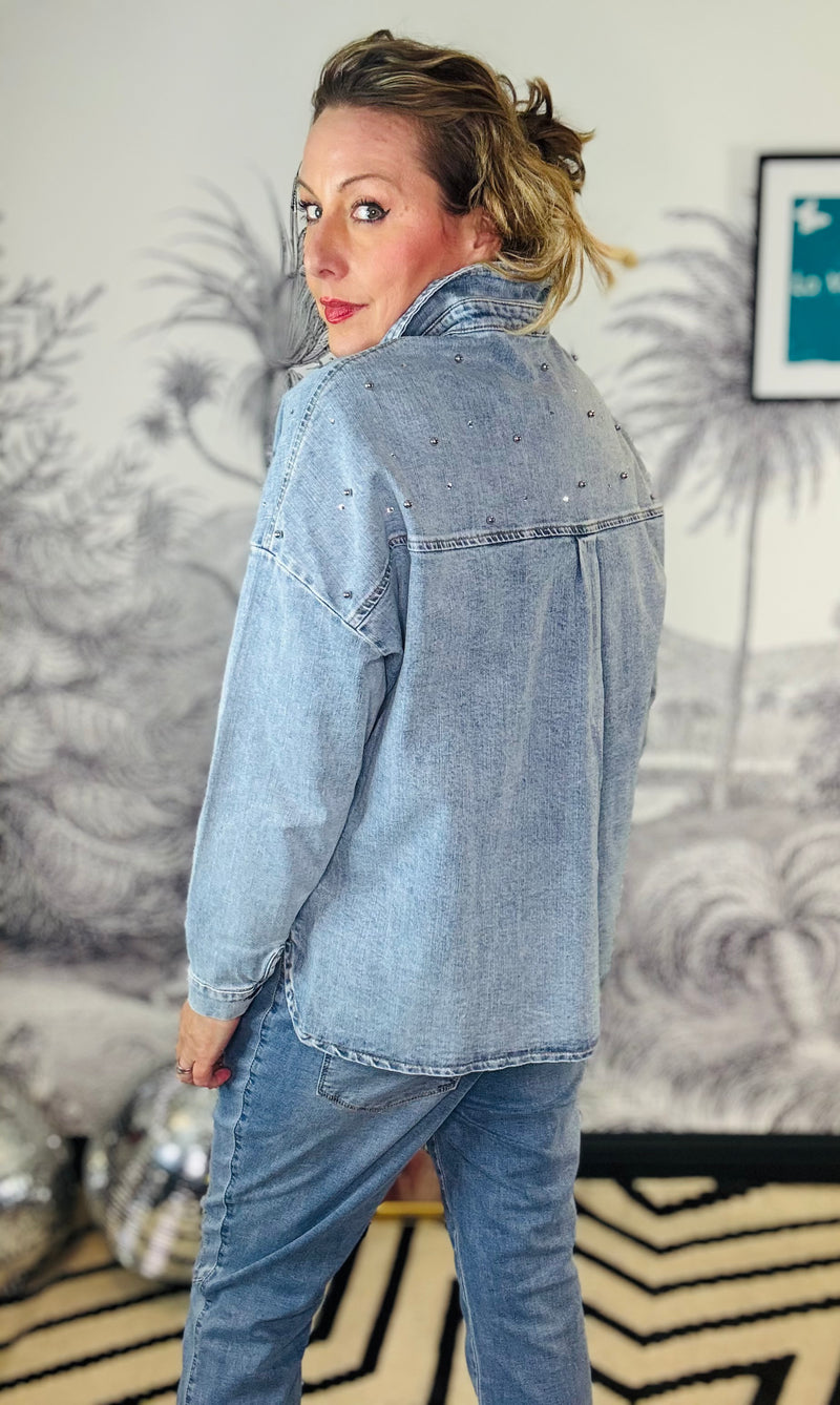 Franny Crystal & Stud Detail Denim Shacket