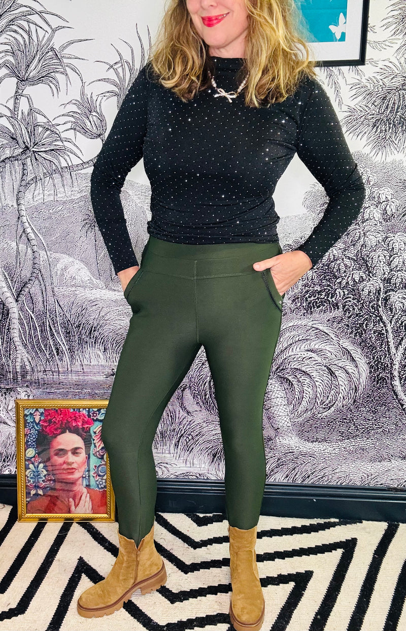 Nicola Neoprene Leggings in Olive Green