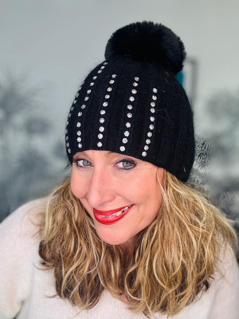 Diamante Ribbed Bobble Hat