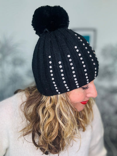 Diamante Ribbed Bobble Hat