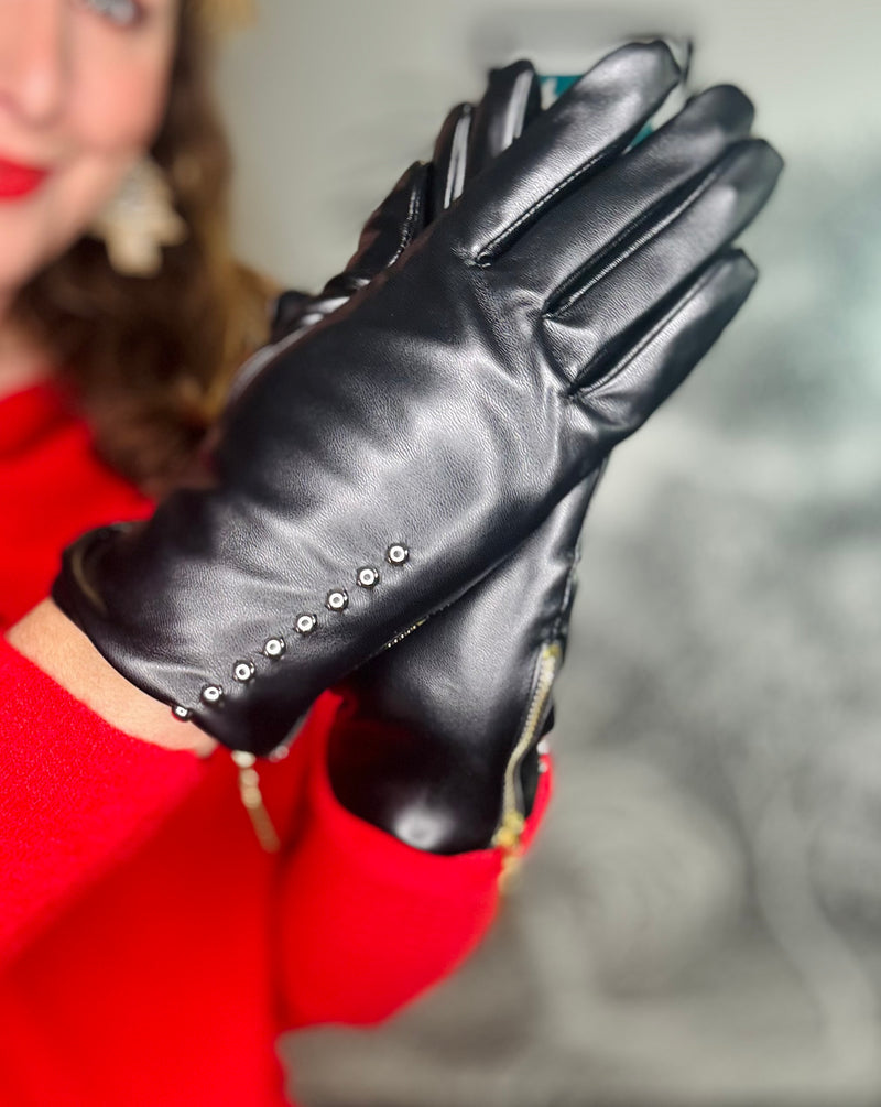 Zip & Stud Faux Leather Gloves