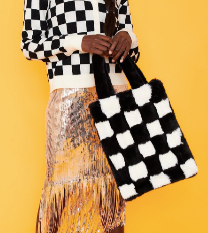 Orsa Faux Fur Woven Checkerboard Tote Bag