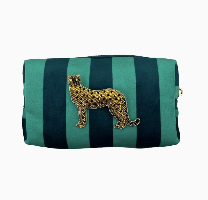 Bold Stripe Make-Up Bag with Cheetah Brooch