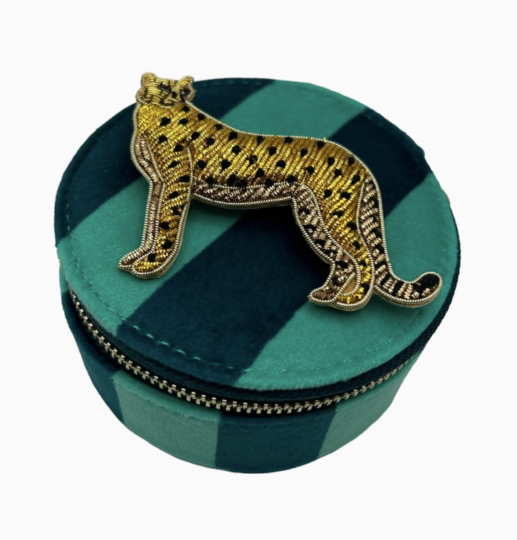 Bold Stripe Travel Jewellery Pot with Cheetah Brooch