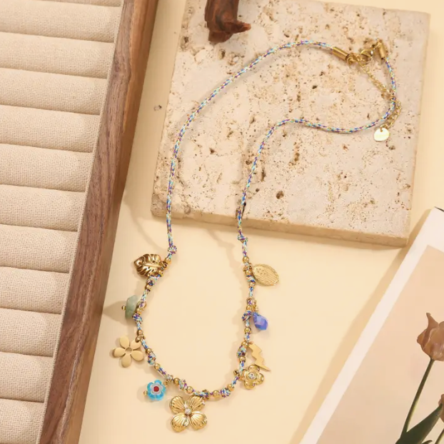 Braided Necklace with Flower & Leaf Charms