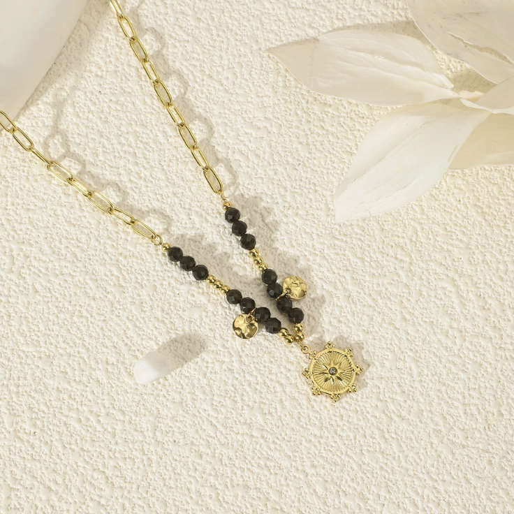 Natural Stone & Hammered Tassel Necklace