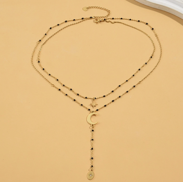 Double Chain Black Enamel Necklace with Celestial Pendants