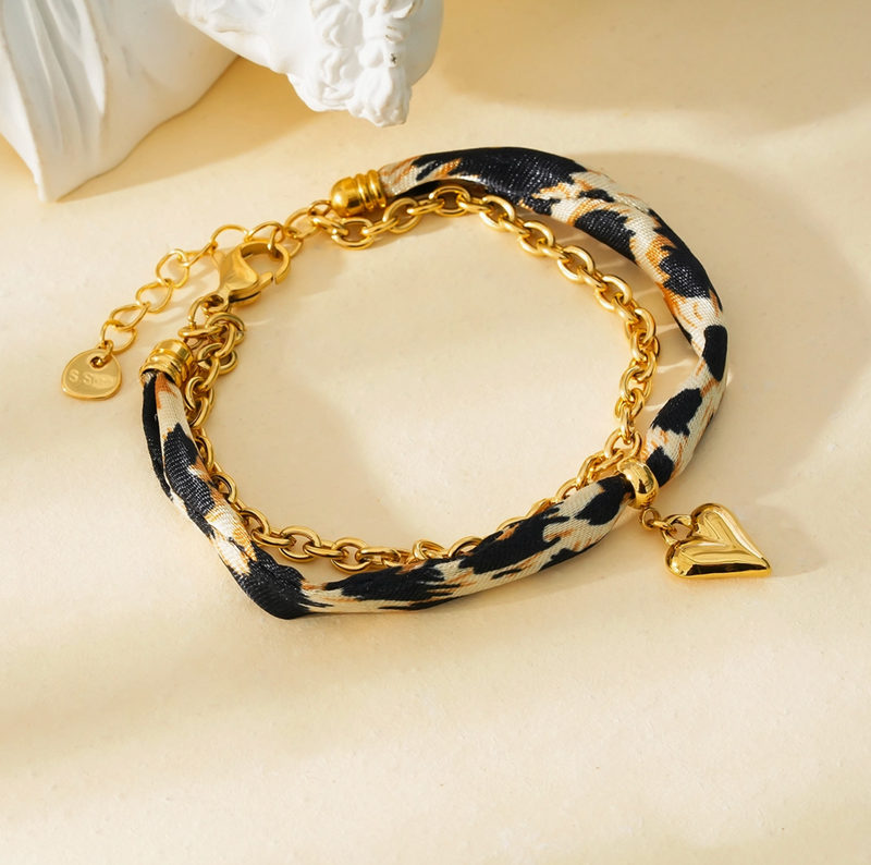 Chain & Leopard Bracelet with Heart Charm