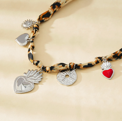 Leopard Fabric Necklace with Heart & Sun Charms