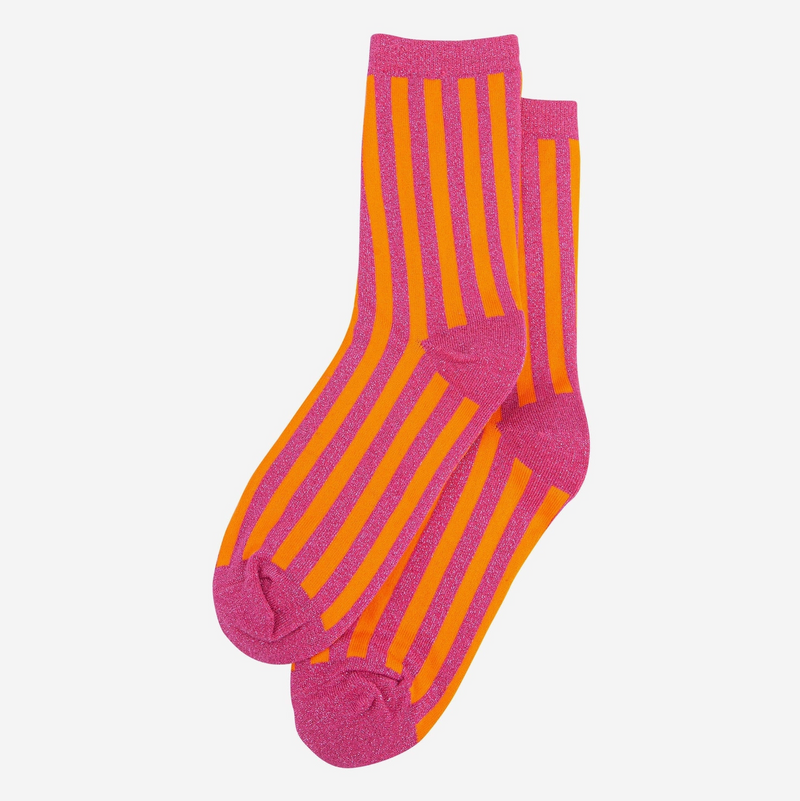 Orange & Pink Striped Glitter Socks