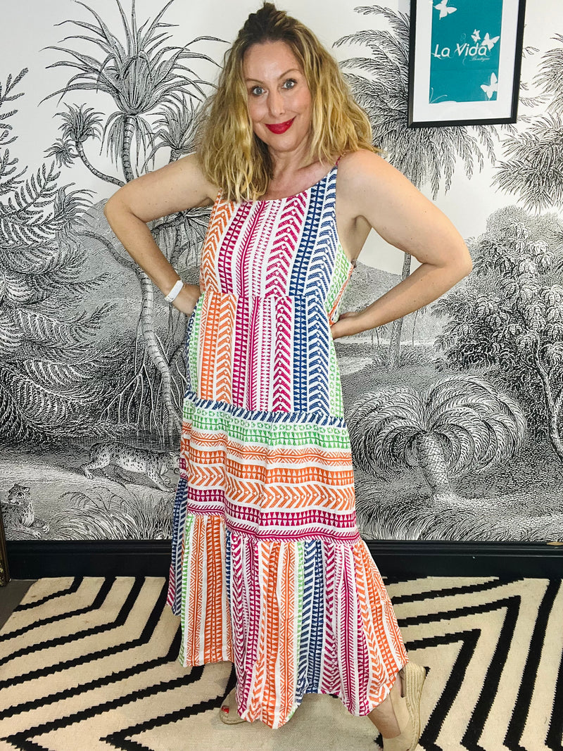 Serena Strappy Aztec Stripe Dress