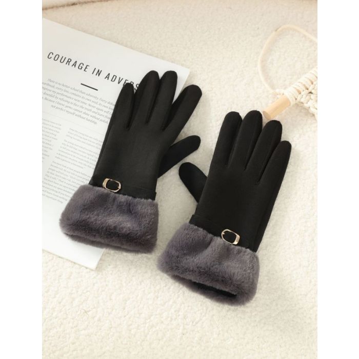 Faux Fur Trim Gloves with Mini Buckle Detail