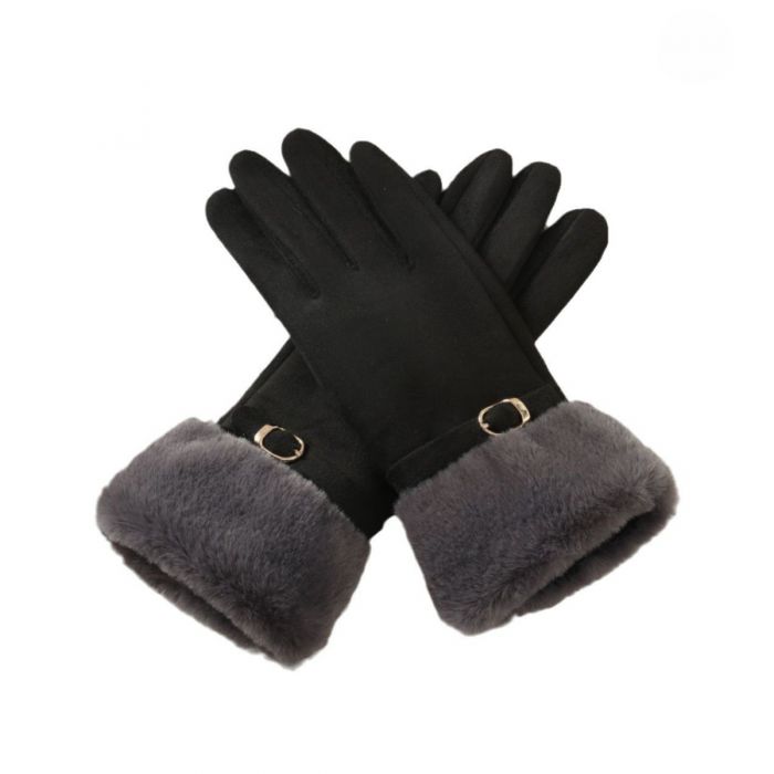 Faux Fur Trim Gloves with Mini Buckle Detail